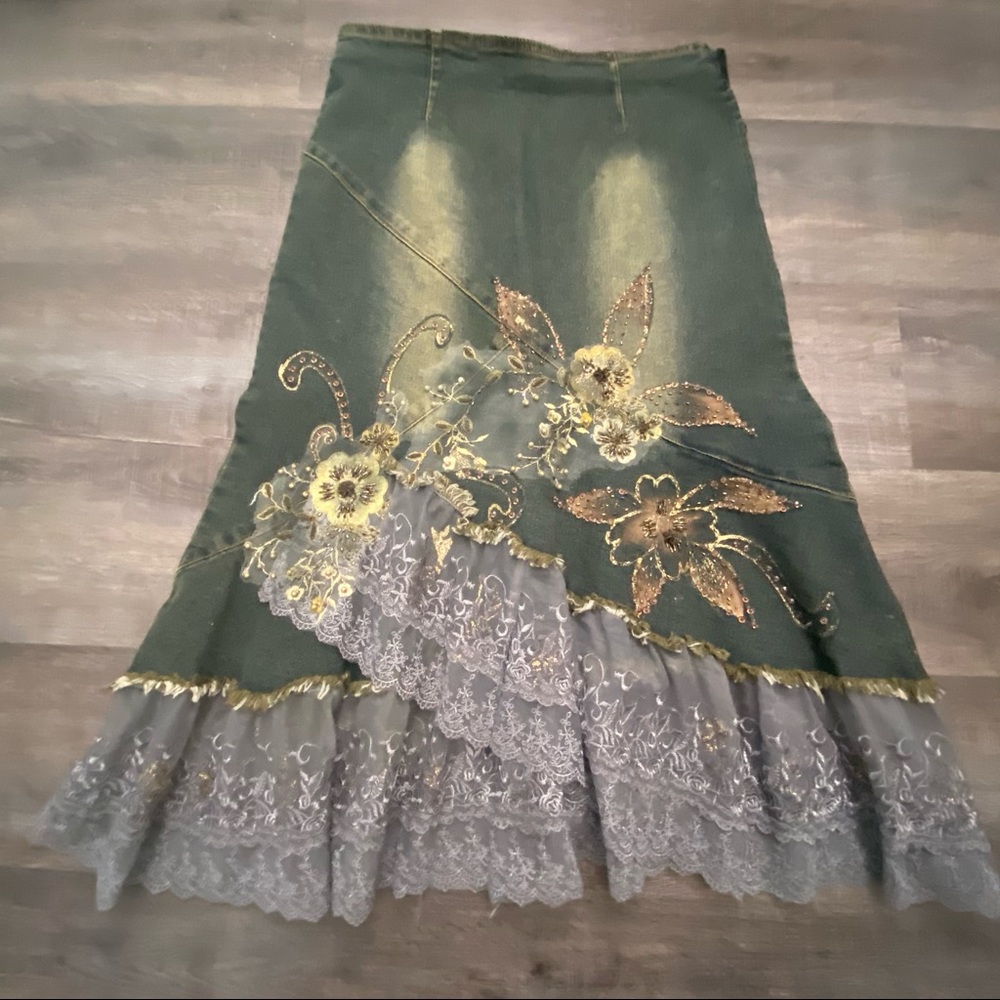 Vintage 90s West 36th New York denim jean embellished lace bead skirt medium